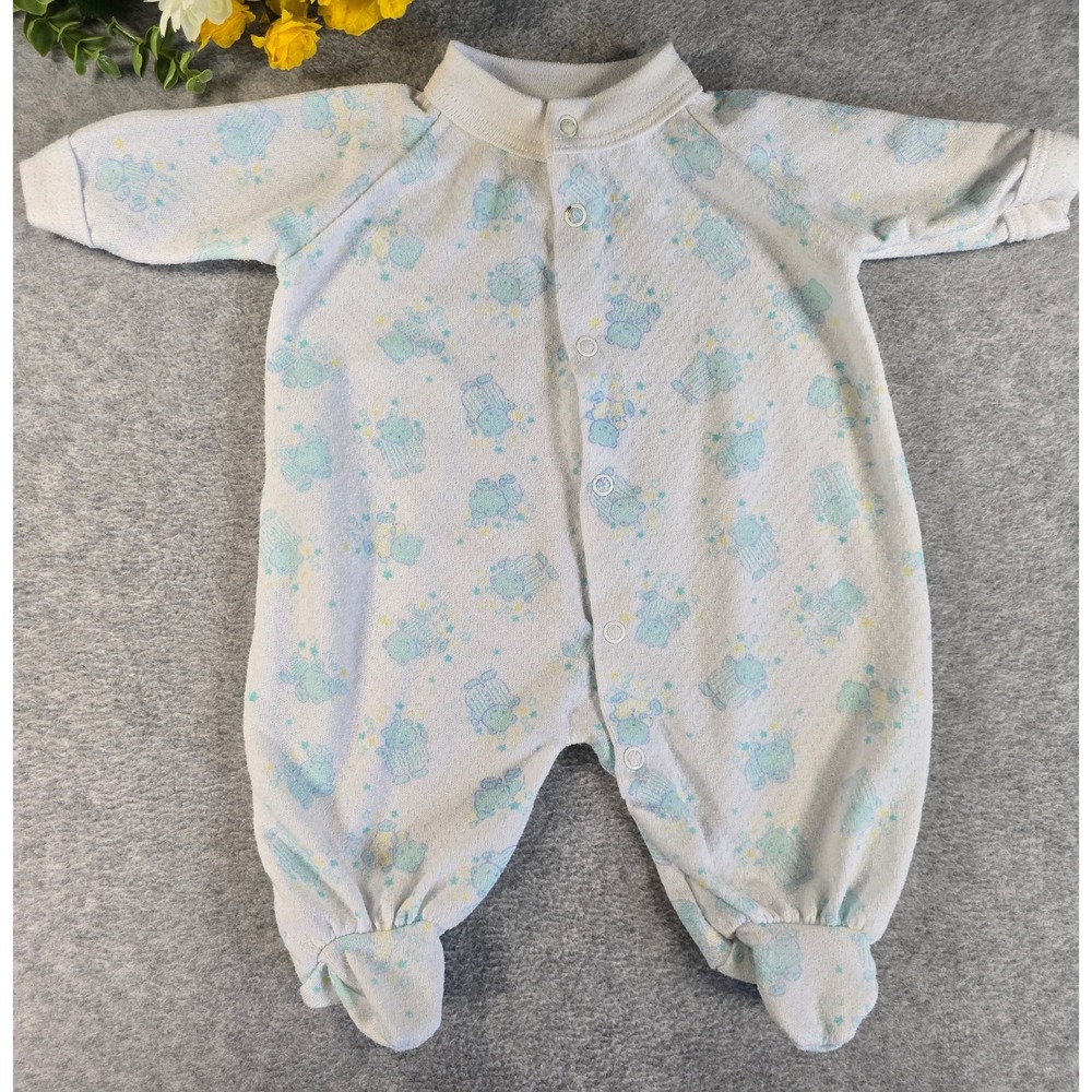 Evenflo Footed Sleeper Baby 0-3m White Blue Teddy Bear Vintage 90s Pastel